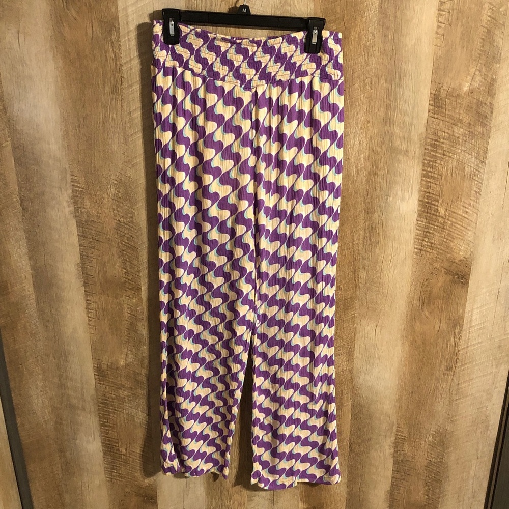 Women's Purple & Cream Wide-Leg Patterned Pants